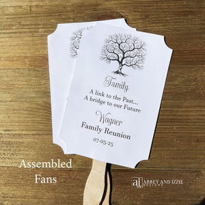 Fans for family reunion, personalized for your special event.  Reunion souveniers, ship fully assembled, 2 sided, printing on one side.