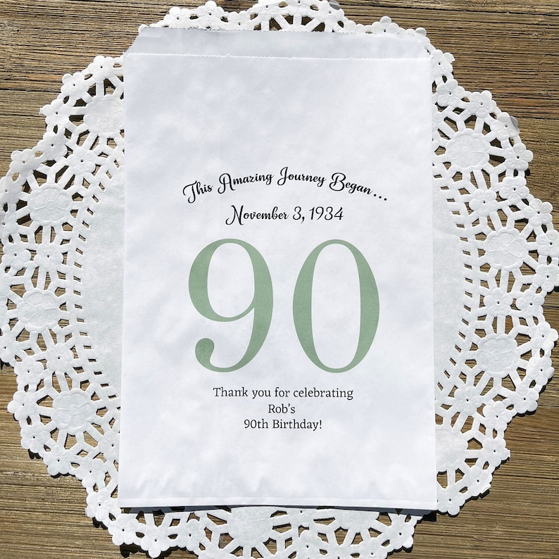 Personalized 90th birthday favor bags, printed on white bags, your choice of number color.  Bags are personalized with large birthday number, name of guest of honor along with birth date.  Adult favor bags perfect for many treats to thank your guests