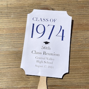 Personalized class reunion favor fans that can be made for any reunion number.  Printed on white card stock with your choice of year color to match your class colors.  Our hand fans will keep everyone cool for the reunion and a keepsake to take home.