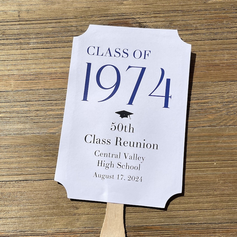 Personalized class reunion favor fans that can be made for any reunion number.  Printed on white card stock with your choice of year color to match your class colors.  Our hand fans will keep everyone cool for the reunion and a keepsake to take home.