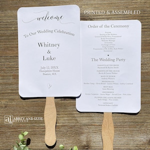 Wedding program fans assembled and ready for your special day.  Includes, date, place,  order of the ceremony and the wedding party.