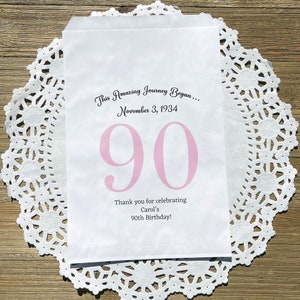 Personalized 90th birthday favor bags, printed on white bags, your choice of number color.  Bags are personalized with large birthday number, name of guest of honor along with birth date.  Adult favor bags perfect for many treats to thank your guests