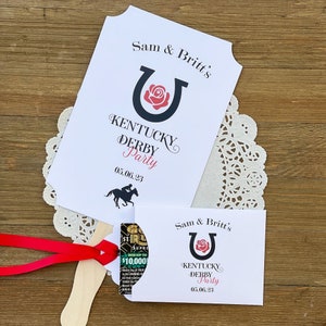 Kentucky Derby party favors, our hand fans will be a hit at your party. Keep guests cool and comfortable, each fan is personalized and make such a fun keepsake for your guests.  We offer matching Kentucky Derby party favors.