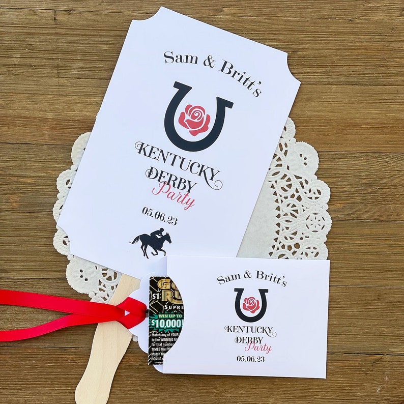 Kentucky Derby party favors, our hand fans will be a hit at your party. Keep guests cool and comfortable, each fan is personalized and make such a fun keepsake for your guests.  We offer matching Kentucky Derby party favors.
