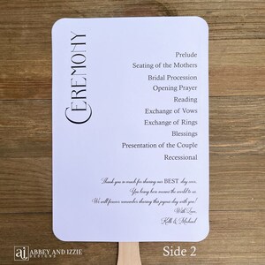 Our modern wedding program fans are sure to be a hit with your guests. They will provide a cool breeze and also a keepsake to take home.  Printed on white card stock with celebrating on one side and ceremony on the other.  Shipped to you assembled.