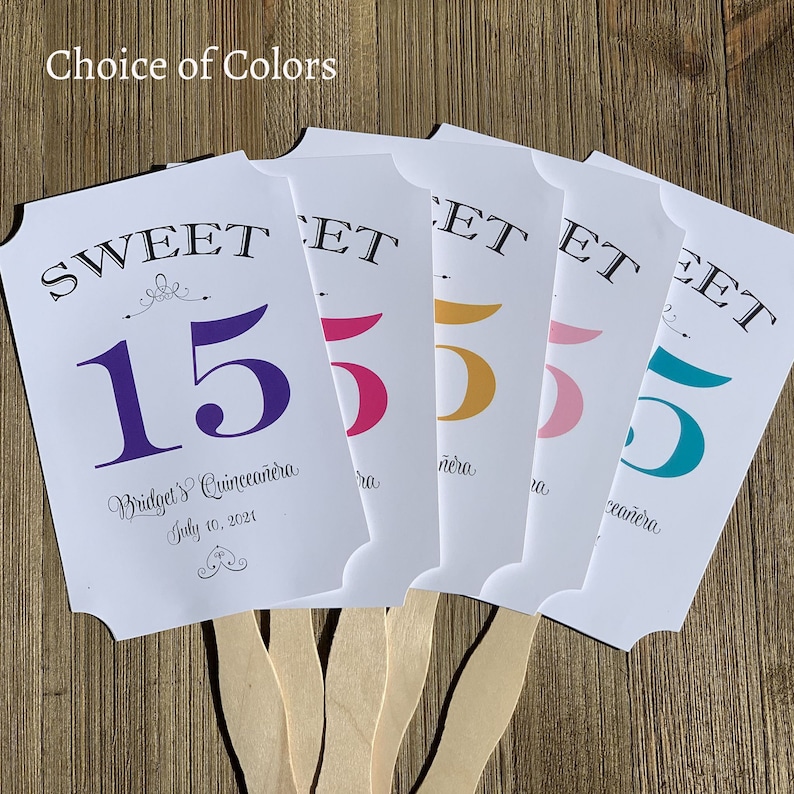 Quinceanera party favors, our sweet 15 favor fans are personalized for the guest of honor.  Your choice of 15 color to match your theme, printed on white card stock, two sided with handle hidden between.