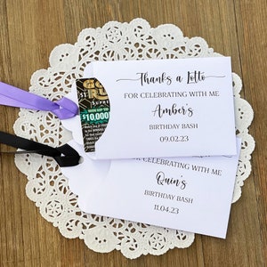 Lottery ticket envelopes personalized for an adult birthday party favor.  Slide a lotto ticket inside to say thanks a lotto for celebrating