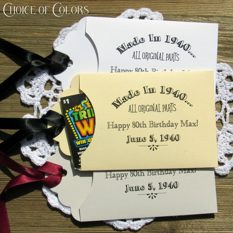 Adult birthday party favors, lottery ticket envelopes for milestone birthdays.  Add the 'made in' year to this unique milestone birthday favor, personalized for the honoree, just add the lottery ticket to see who wins.