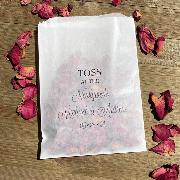 Wedding petal toss bags personalized for the bride and groom.  Flower confetti bags are glassine add your petals for a memorable exit.