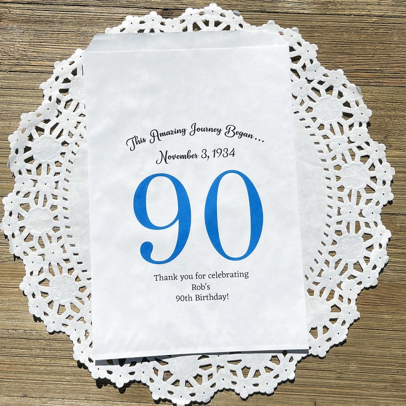 Personalized 90th birthday favor bags, printed on white bags, your choice of number color.  Bags are personalized with large birthday number, name of guest of honor along with birth date.  Adult favor bags perfect for many treats to thank your guests