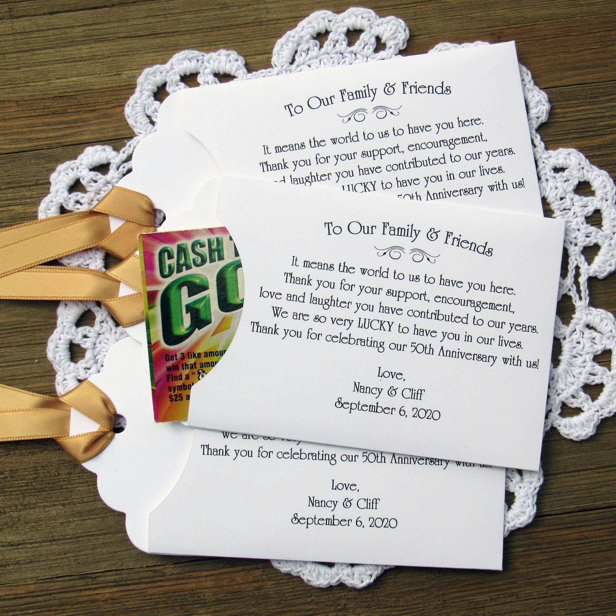 50th Wedding Anniversary favors with a sweet saying, personalized for the happy couple.  Slide a lotto ticket in for a fun party favor.
