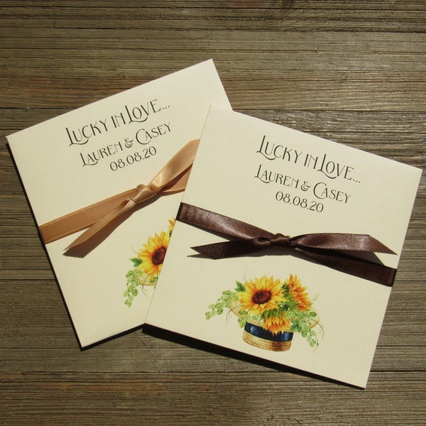 Sunflower wedding favors that are personalized for the bride and groom.  Add a scratch off lotto ticket for a fun and easy wedding favor.