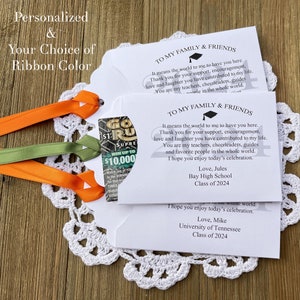 Best graduation party favors with a personalized thank you message for your guests.  Easy favors, slide a lottery ticket in the open end and see who wins big.  Printed on white card stock, your choice of ribbon color.
