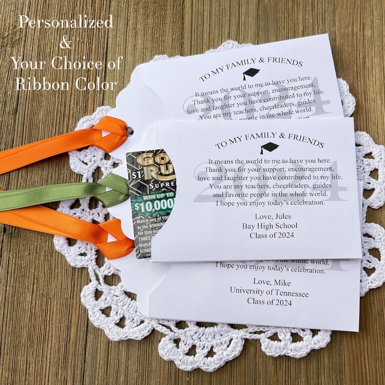 Best graduation party favors with a personalized thank you message for your guests.  Easy favors, slide a lottery ticket in the open end and see who wins big.  Printed on white card stock, your choice of ribbon color.