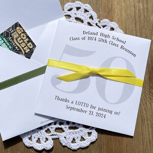 Class reunion favors that are personalized for the big reunion.  Fun and easy party favors, slide a lottery ticket in these envelopes, great ice breaker for the party.  Printed on white card stock, your choice of ribbon color.