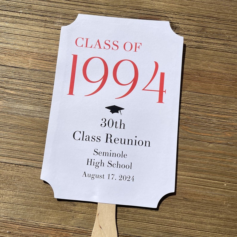 Personalized class reunion favor fans that can be made for any reunion number.  Printed on white card stock with your choice of year color to match your class colors.  Our hand fans will keep everyone cool for the reunion and a keepsake to take home.