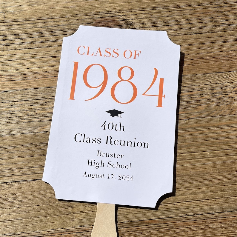 Personalized class reunion favor fans that can be made for any reunion number.  Printed on white card stock with your choice of year color to match your class colors.  Our hand fans will keep everyone cool for the reunion and a keepsake to take home.