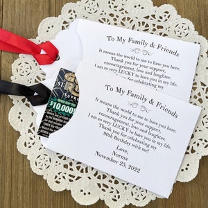 Unique adult birthday party favors, each envelope printed with a sweet thank you to your friends and family for celebrating your birthday with you.  Personalized birthday favors, slide a lottery ticket in the envelope and see who wins.