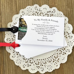Unique adult birthday party favors, each envelope printed with a sweet thank you to your friends and family for celebrating your birthday with you.  Personalized birthday favors, slide a lottery ticket in the envelope and see who wins.