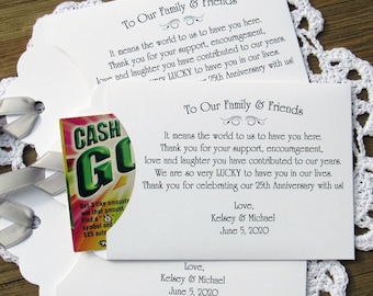 Celebrate a 25th Wedding Anniversary with these personalized favors.  Our anniversary favors will be fun for guests, add a lotto ticket.