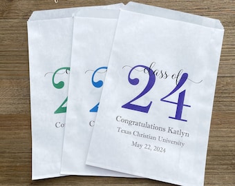 Graduation Favors for the Class of '24, personalized bags  with your choice of colors. Perfect for a candy buffet, cookies or utensils.