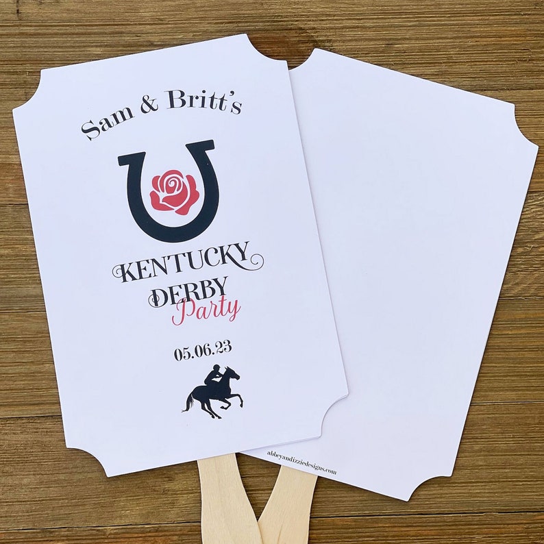 Kentucky Derby party favors, our hand fans will be a hit at your party. Keep guests cool and comfortable, each fan is personalized and make such a fun keepsake for your guests.