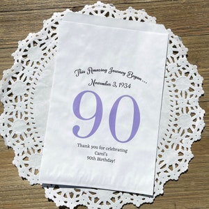 Personalized 90th birthday favor bags, printed on white bags, your choice of number color.  Bags are personalized with large birthday number, name of guest of honor along with birth date.  Adult favor bags perfect for many treats to thank your guests