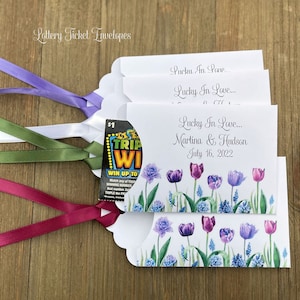 Personalized Purple Tulip Wedding Lotto Favors with Ribbon - Spring Wedding & Rehearsal Dinner Favors - Custom Lottery Ticket Holders -