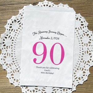 Personalized 90th birthday favor bags, printed on white bags, your choice of number color.  Bags are personalized with large birthday number, name of guest of honor along with birth date.  Adult favor bags perfect for many treats to thank your guests