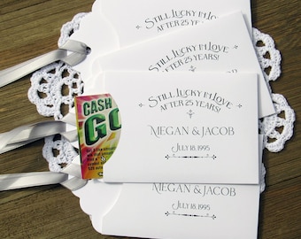 Personalized silver wedding anniversary favors, slide a scratch off ticket in these for a fun 25th wedding anniversary celebration.