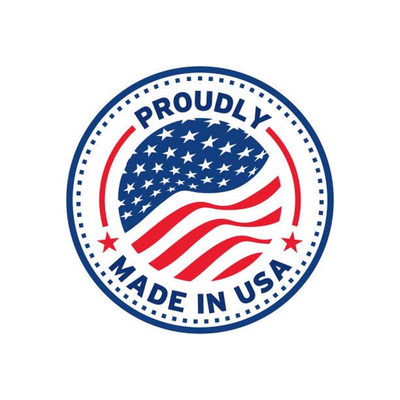 May include: A blue and red circular sticker with a white star in each corner. The sticker says "Proudly Made in USA" in a white circle with a blue outline. Inside the circle is a red, white, and blue American flag.