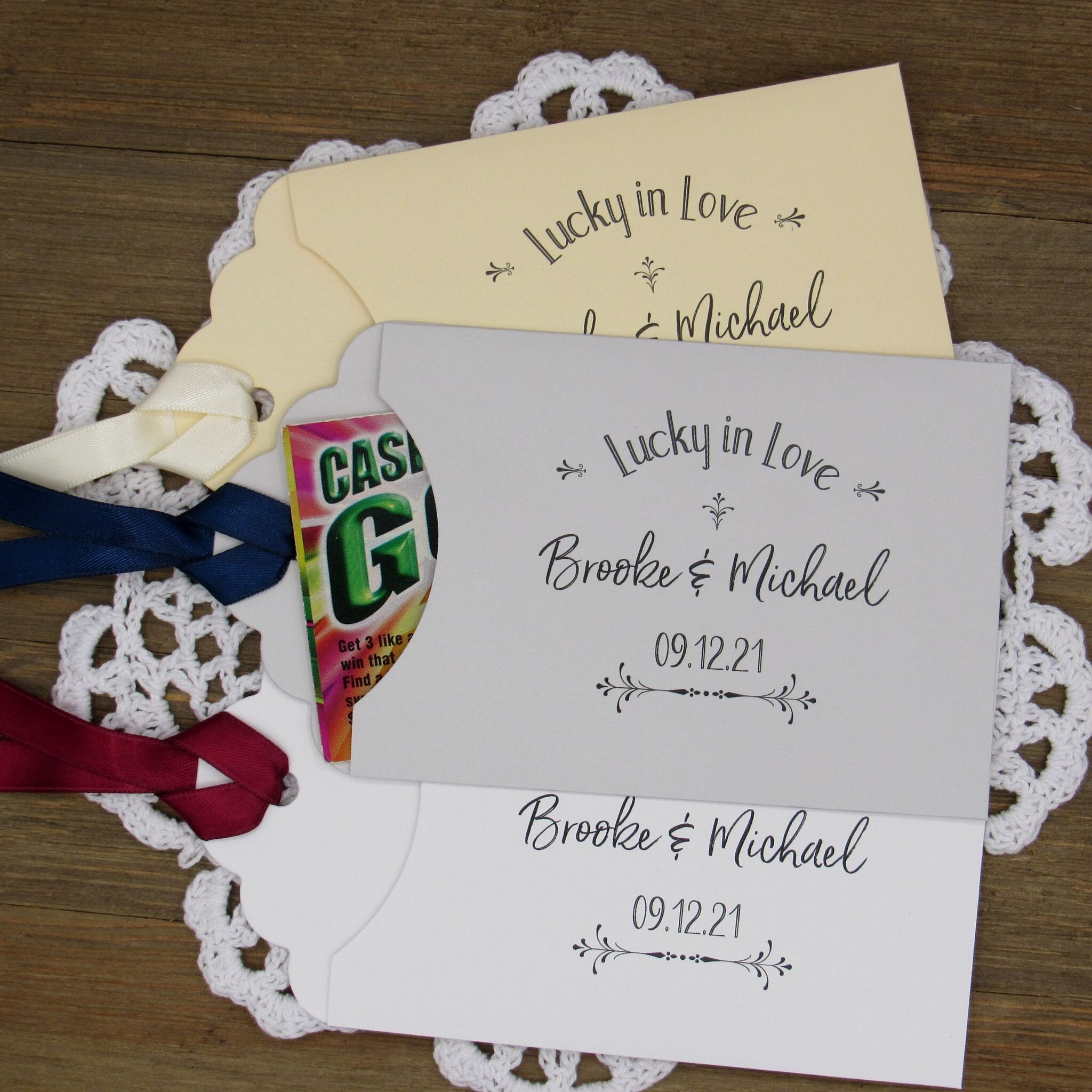 Lucky in love lottery ticket holders for wedding guest favors. Personalized  lucky in love favors perfect for scratch off lotto tickets. by Abbey and  Izzie Designs