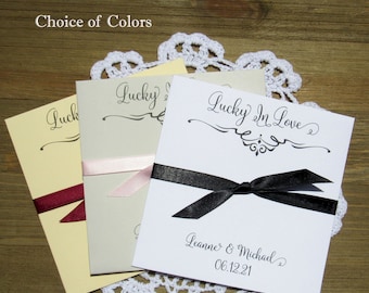 Lucky In Love Wedding Favors, enclose a lottery ticket to see who wins.  Wedding favors that are fun and easy, personalized for the big day.