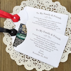 Unique adult birthday party favors, each envelope printed with a sweet thank you to your friends and family for celebrating your birthday with you.  Personalized birthday favors, slide a lottery ticket in the envelope and see who wins.