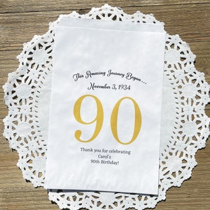 Personalized 90th birthday favor bags, printed on white bags, your choice of number color.  Bags are personalized with large birthday number, name of guest of honor along with birth date.  Adult favor bags perfect for many treats to thank your guests