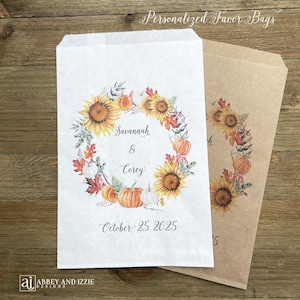 Fall Wedding Favor Bags that come personalized for the bride and groom. Bags for candy buffet, cookies, donuts or popcorn, Made in the USA.