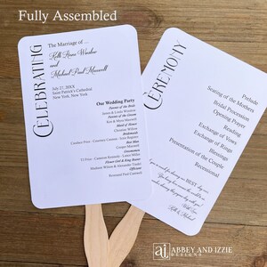 Our modern wedding program fans are sure to be a hit with your guests. They will provide a cool breeze and also a keepsake to take home.  Printed on white card stock with celebrating on one side and ceremony on the other.  Shipped to you assembled.