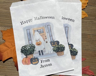 Halloween treat bags, personalized and ready to fill for trick or treat or trunk or treat.  Also can be made for a business promotion .