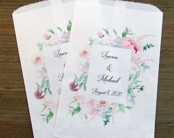 Personalized Pink Floral Wedding Favor Bags: Candy Buffet Bags