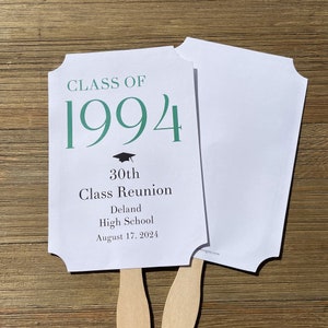 Personalized class reunion favor fans that can be made for any reunion number.  Printed on white card stock with your choice of year color to match your class colors.  Our hand fans will keep everyone cool for the reunion and a keepsake to take home.