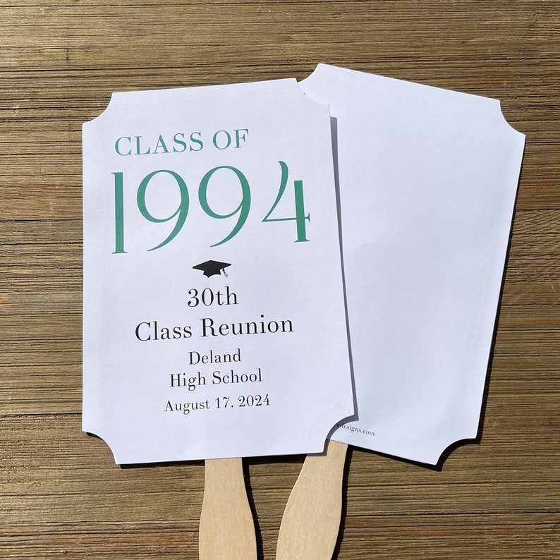 Personalized class reunion favor fans that can be made for any reunion number.  Printed on white card stock with your choice of year color to match your class colors.  Our hand fans will keep everyone cool for the reunion and a keepsake to take home.