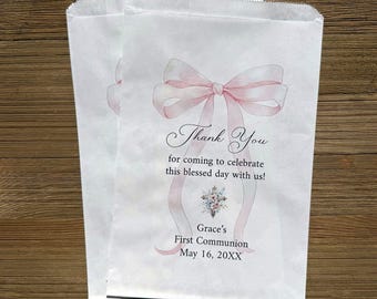First Communion Favor Bags Personalized For Girls, Adorned with a delicate pink bow