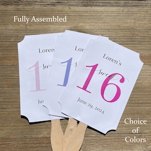 Sweet 16 favor fans that are personalized for the guest of honor.  Fans are printed on white card stock with your choice of the large 16 number color.  They come fully assembled, two sided with handle hidden between.