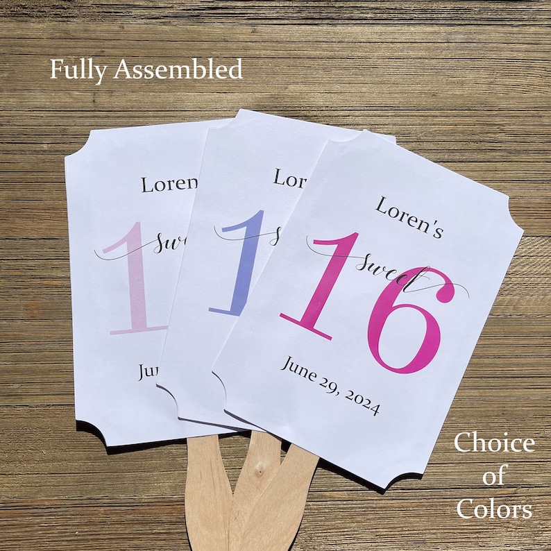 Sweet 16 favor fans that are personalized for the guest of honor.  Fans are printed on white card stock with your choice of the large 16 number color.  They come fully assembled, two sided with handle hidden between.