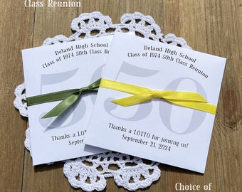 Fun and easy class reunion party favors, enclose a lotto ticket in these envelopes for the perfect ice breaker.