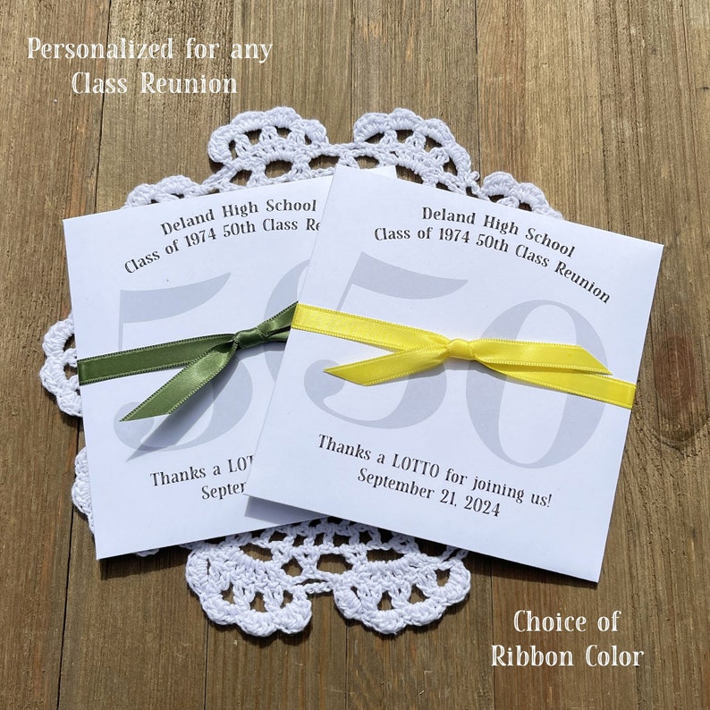 Class reunion favors that are personalized for the big reunion.  Fun and easy party favors, slide a lottery ticket in these envelopes, great ice breaker for the party.  Printed on white card stock, your choice of ribbon color.