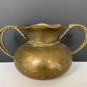 MCM Mid 20th Century Hammered Brass Vase with braided handles