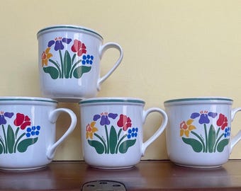 4 tazas vintage de cerámica artesanal estadounidense "Nina" con diseño floral