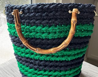 Handmade crochet handbag: medium size in Navy Blue and Kelly Green Stripe