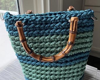 Handmade crochet handbag: medium size in Sage Green and Denim Blue Wide Stripe